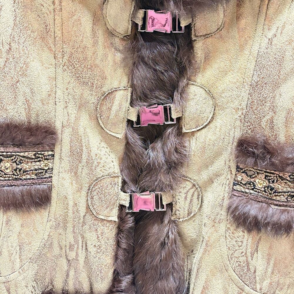 VTG Cache Penny Lane Suede Faux Fur Trim Boho Afghan Toggle Jacket Women’s 6 - Picture 3 of 15